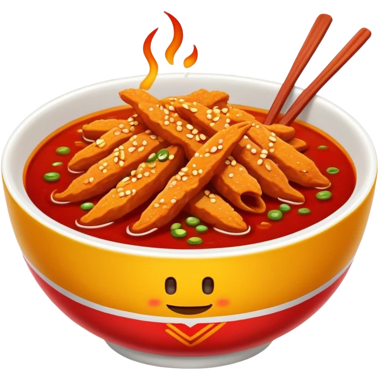 Spicy Gluten Strips in bowl with red chili oil, simplified emoji style with bold outlines and bright colors, cartoon style Chinese street food Mala Jisi emoji