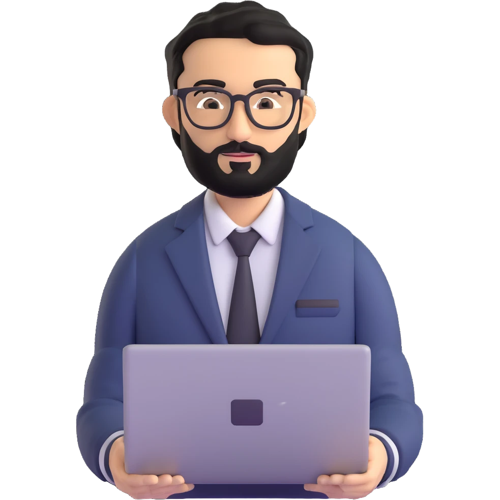 neat well-groomed man with medium black beard, tidy black hair, connected unibrow, olive tan skin, brown eyes, stylish glasses, prominent nose, wearing crisp clean casual business attire, professionally holding a laptop emoji