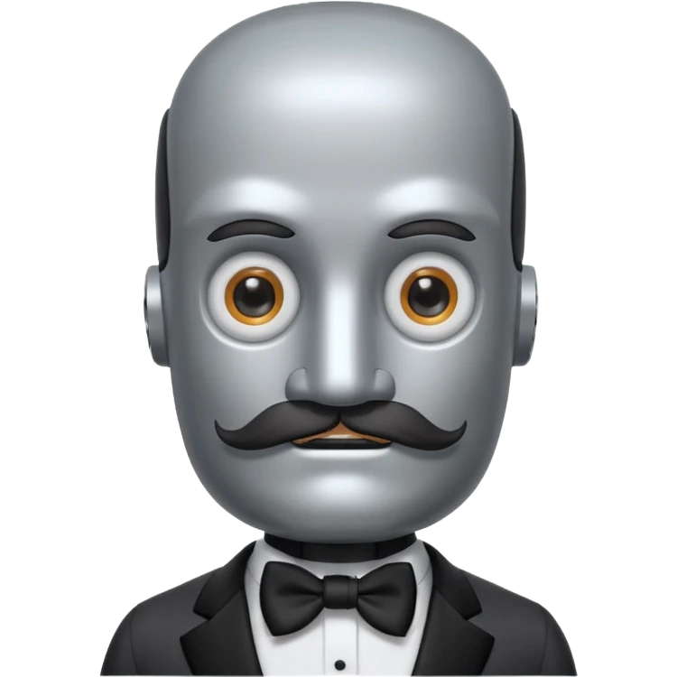 Gray Robot with a square head, thick handlebar moustache, headlight eyes, wearing a tuxedo, buff emoji
