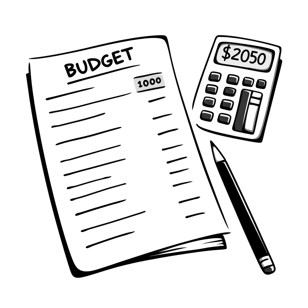 Budget sheet with expenses column and calculator emoji