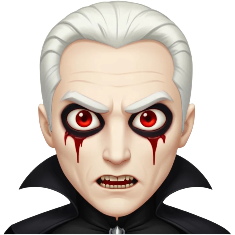 Creat a young man Vampire with white skin and white hair "make him have slide back hair" and full black vampire clothes and bloody eyes and long fangs and scary dead eyes emoji
