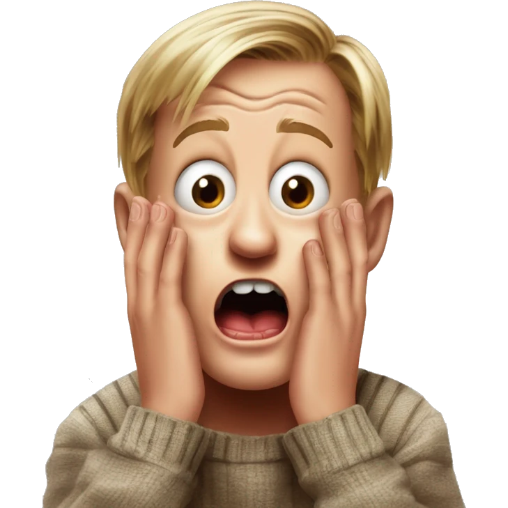 kevin McCallister from Home Alone, putting both hands on his face and screaming of fear. bring the hands down lik he is putting on his cheeks. emoji