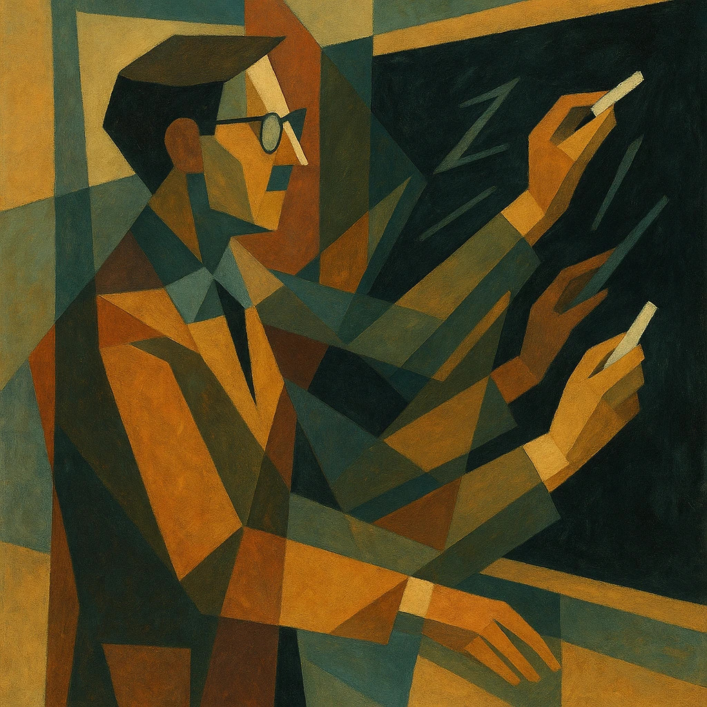 Teacher at a blackboard, arms and chalk repeating in echoed gesture angles. emoji