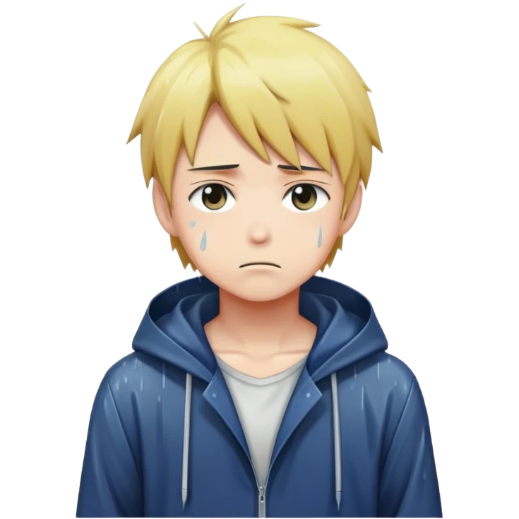 Anime character boy with sad expression standing in the rain, anime art style emoji
