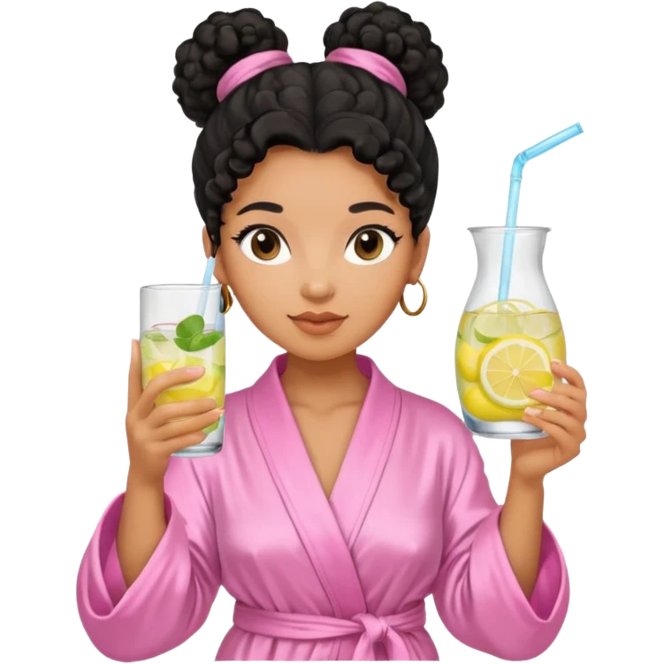 Mixed-race woman with caramel skin, black curly hair tied in a bun, wearing a pastel pink silk robe, holding a glass of infused water with lemon emoji