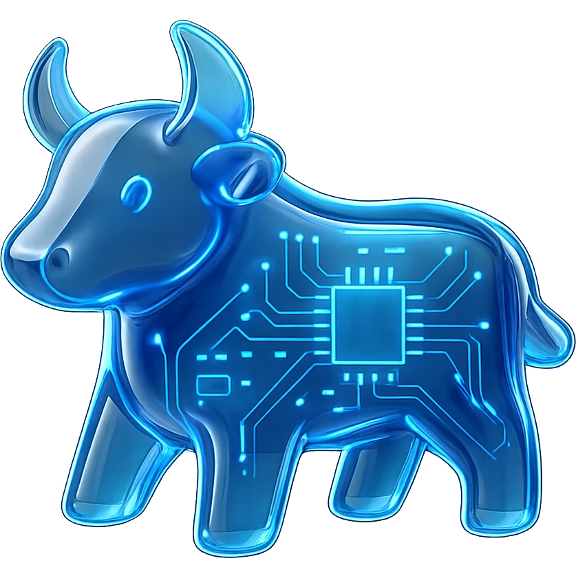 minimal high-tech bull icon with blue accents and glowing effect, digital circuit style emoji