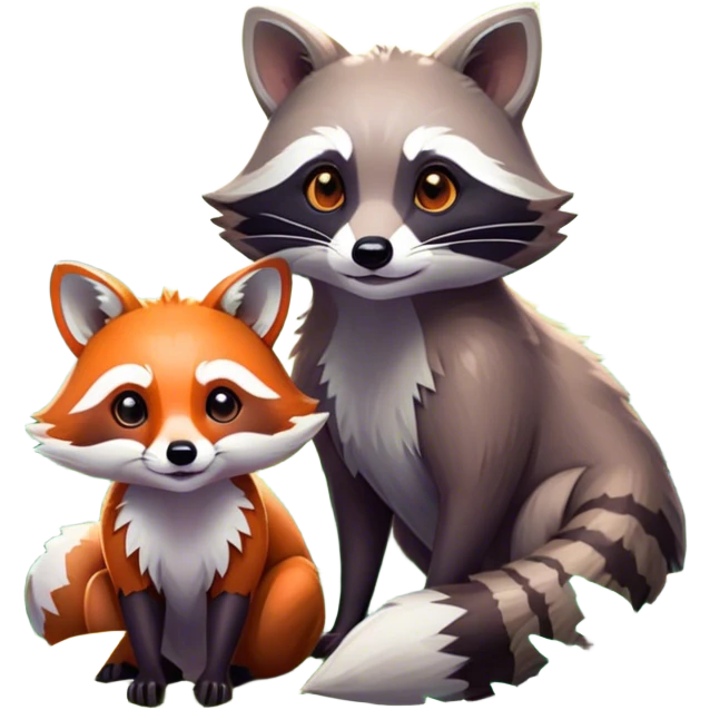 Collage of a raccoon and a fox, in close-up, surrounded by a colorful forest with rich green trees, thick bushes, and vibrant foliage. Sunlight peeks through the branches, casting warm light on the animals. A lively, natural setting with a transparent background. emoji