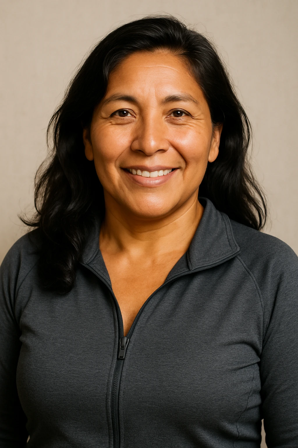 Portrait of a middle-aged Peruvian woman, wheat-colored skin, dark loose hair, vital and trustworthy expression, lead-colored sportswear, healthy and semi-sporty image, representative of supplements for adults. emoji
