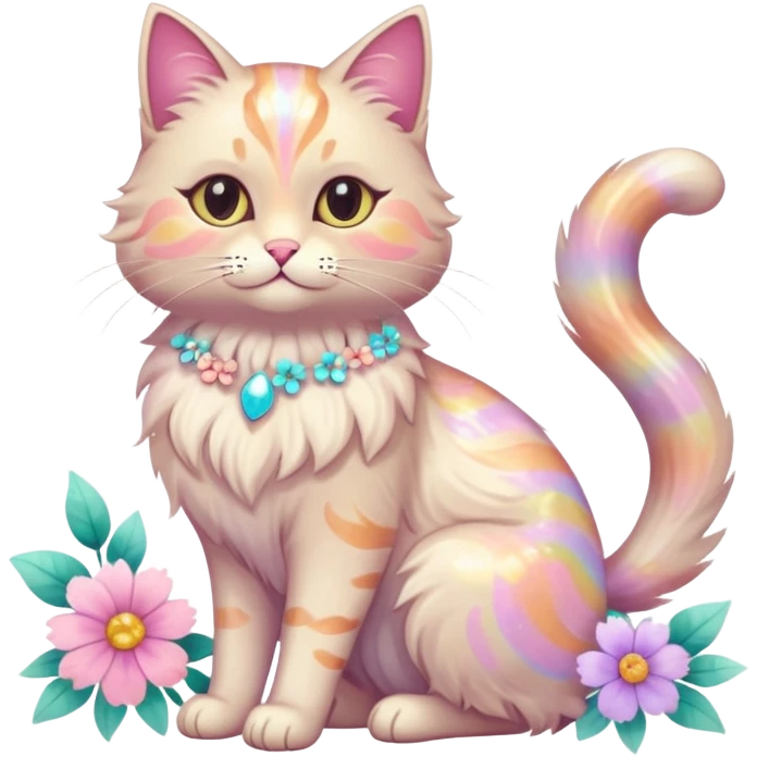 Pastel colorful shiny ethereal elegant pretty beautiful realistic furry fluffy glossy glittery cat with flowers and pastel colors aesthetic (full body) emoji