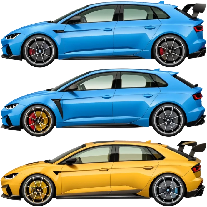 three cars lineup fromt profile forming a semi circle with a lamboghini svj an bmw m140i and a audi ra6 emoji