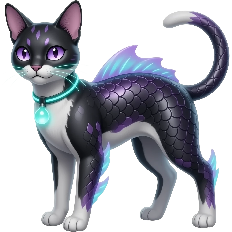 Realistic slim smooth oily shiny glossy elegant Abyssinian bioluminescent dull, scaly furry oil-blackish oily greyish, purplish, whitish abyss-fantasy-Zorua-Sprigatito-Absol-feline-Fakémon-fusion, with thin neon-glowing bulb-whiskers, koi-piebald-flecked full body emoji