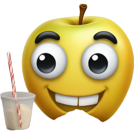 yellow apple smiley face emoji with big wide eyes and big smile about pile of flour in front of him and a straw next to him emoji