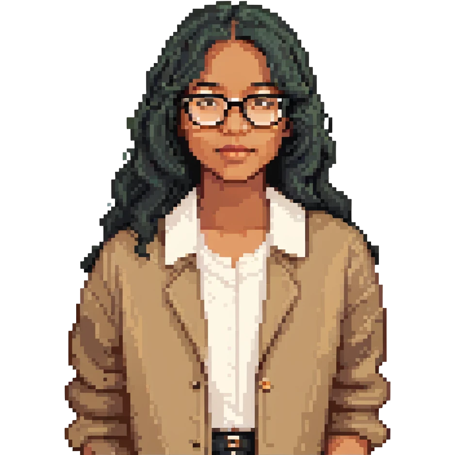 maestra con cabello semiondulado color negro, tez morena clara, lentes emoji