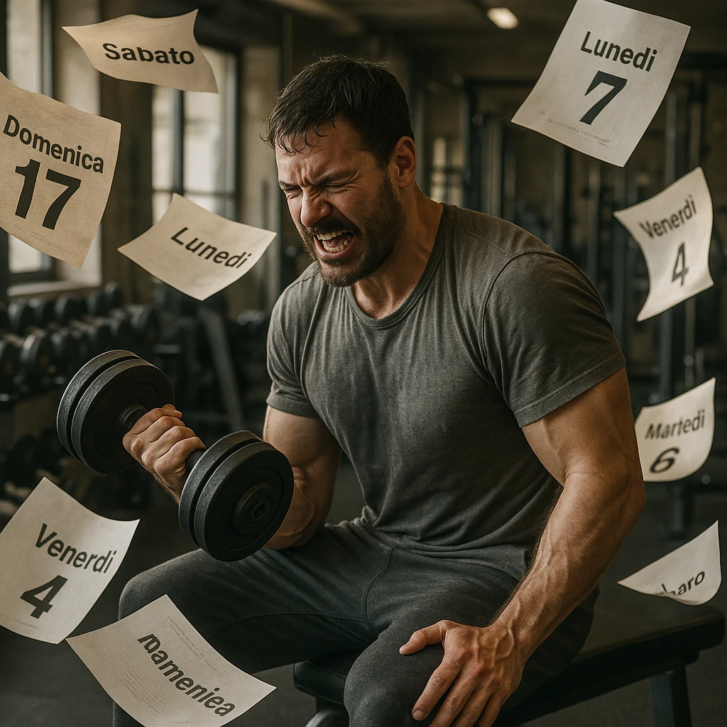 hyper realistic man doing many repetitions in gym, flying calendar sheets with Italian writings, atmosphere of lost time, realistic details, gym background emoji