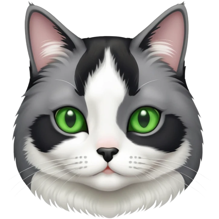 Gray and white  tuxedo cat medium hair with a a black nose and green eyes emoji