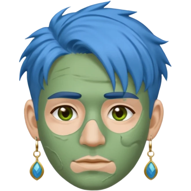 messy green clay mask man with earrings and blue hair emoji