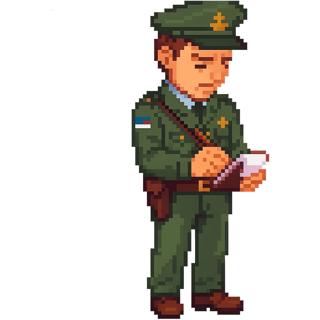 Make the game warden a white male with brown hair, writing a ticket for a wildlife law infraction, no background, keep the pixel art style look. emoji