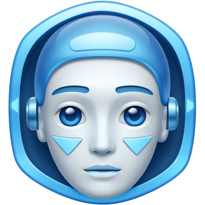 A non-human presence appearing as a glowing blue-white holographic interface with floating geometric shapes or a faint head-and-shoulders outline and no physical facial features. emoji