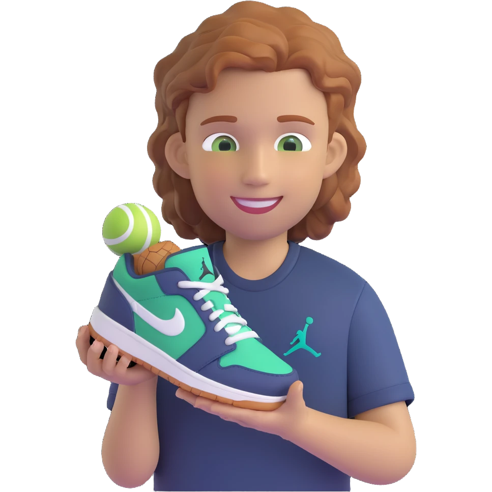 a boy with wavy light brown ginger hair, short sides and longer on top, green grey eyes, wearing a dark blue shirt, smiling, holding a Jordan sneaker in his hand emoji
