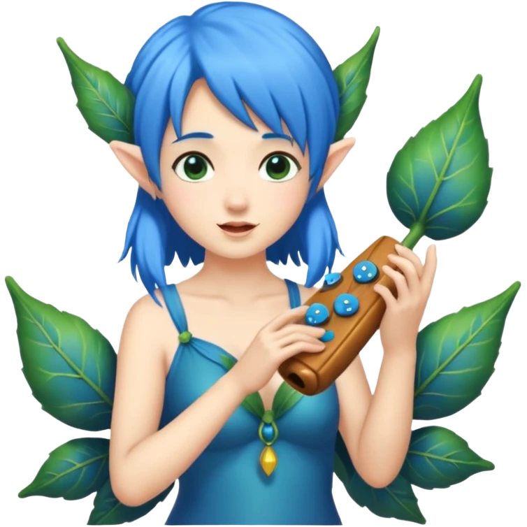 forest fairy woman with blue hair playing leaf-shaped ocarina emoji