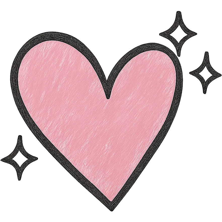 Make the pink hand drawn heart with sparkles larger, keep the black outline style, and use a clean white background. emoji