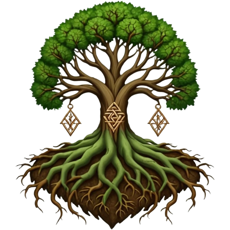 Tree roots forming a sigil shape, earth magic symbolism, deep greens and browns emoji