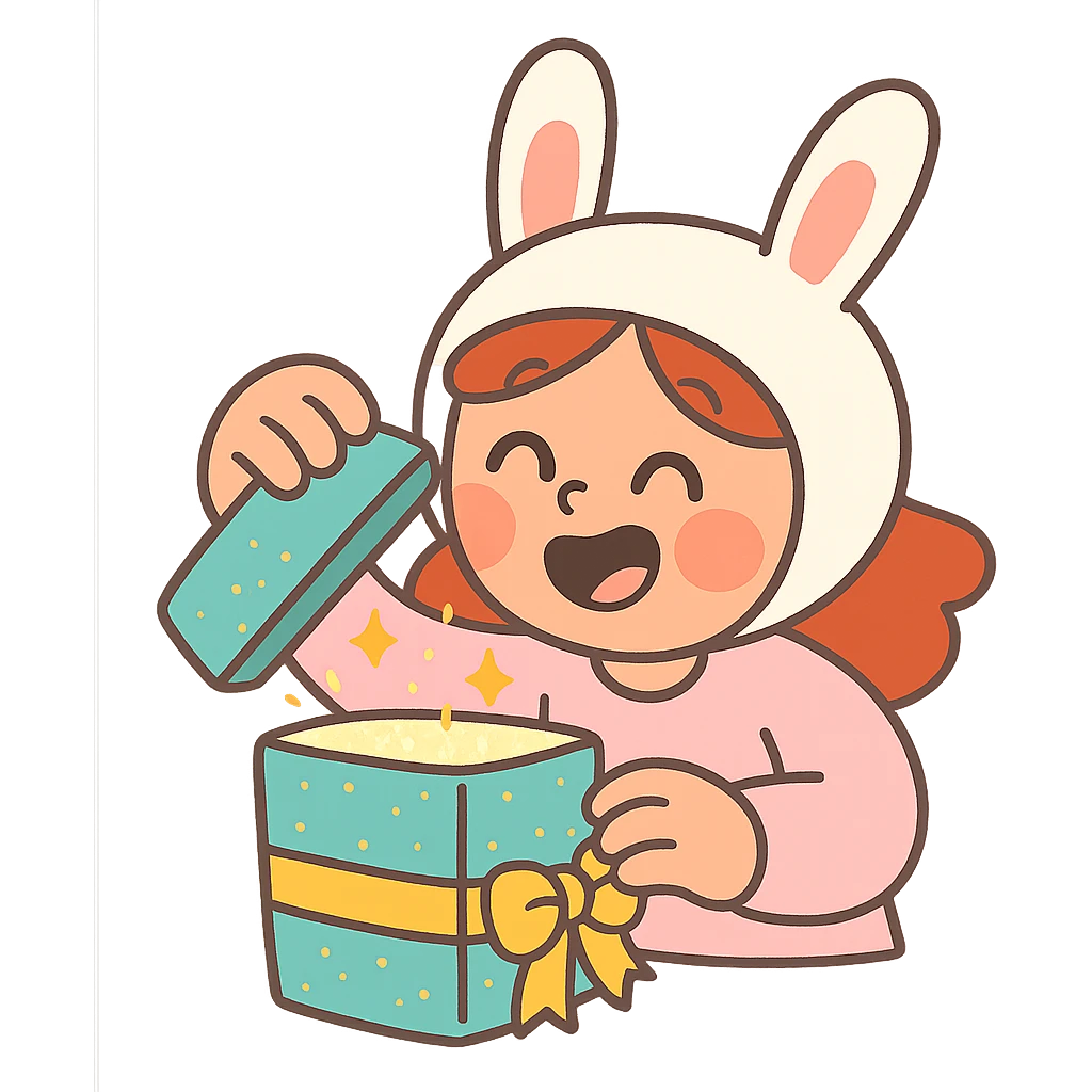 happy cutie girl in bunny hat opening a glittery gift box emoji
