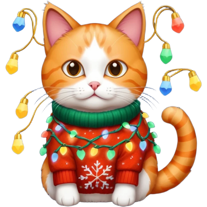 cat wearing a christmas sweater wrapped in christmas lights emoji
