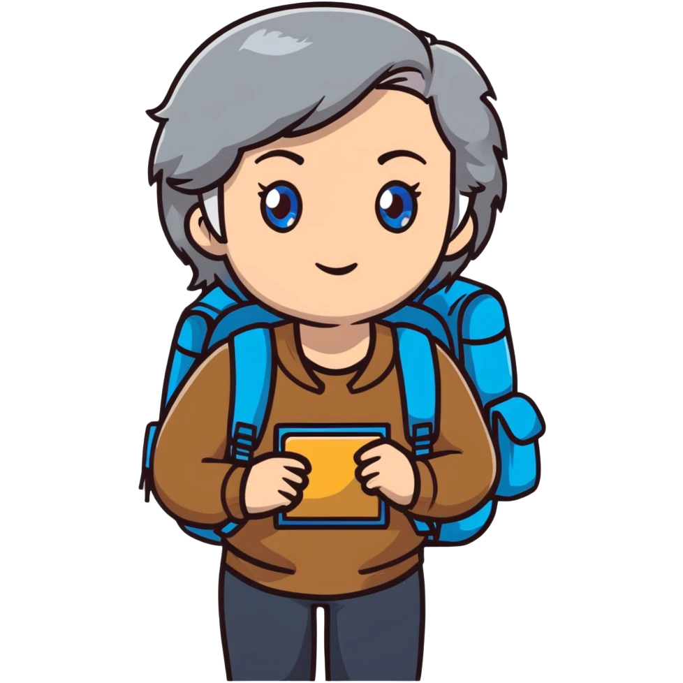 white woman park ranger with blue eyes, brown and gray hair, wearing a backpack emoji