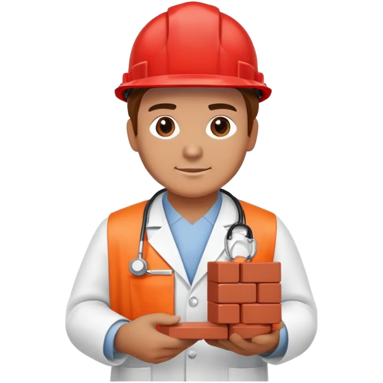 Brick mason wearing a hard hat but in a doctors gown emoji holding a red brick emoji