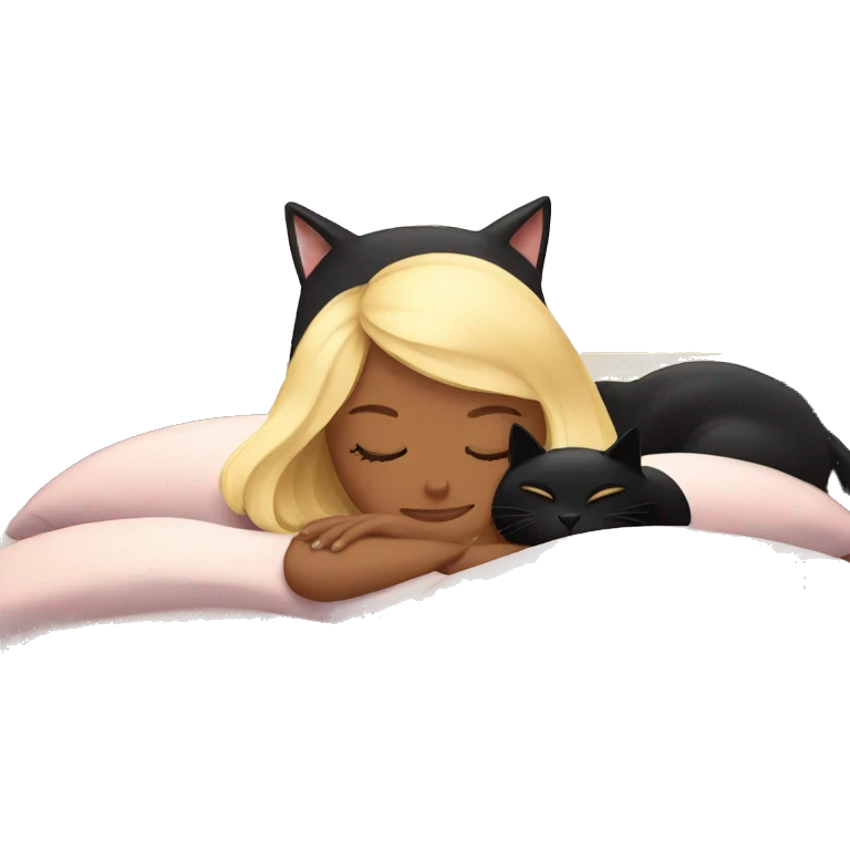 Blonde girl sleeping with black cat on bed emoji