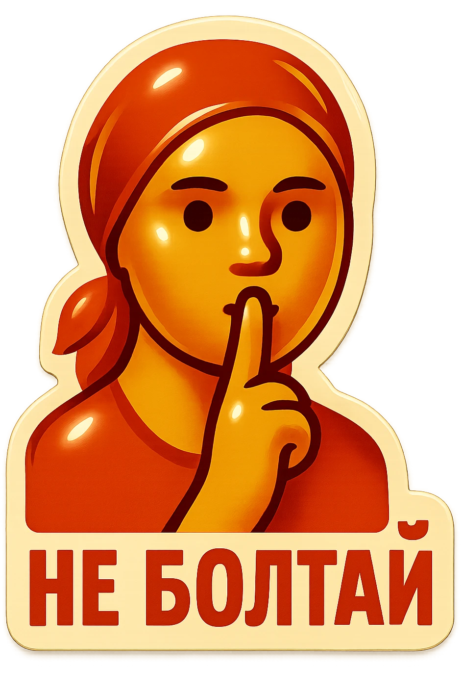 minimalist emoji of woman holding finger to lips, text 'не болтай' below, vintage Soviet poster style emoji