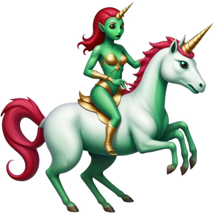 "reptilian green alien woman, in long slim dark red", rides, "unicorn gold and white"
 emoji