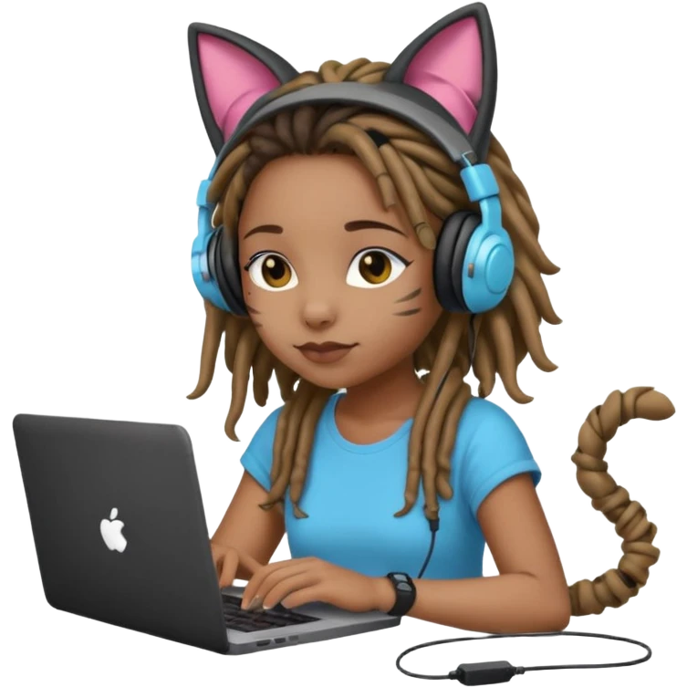 black girl with dreads who works remotely through a laptop with headphones that have plastic cat ears connected to the headphones.  emoji