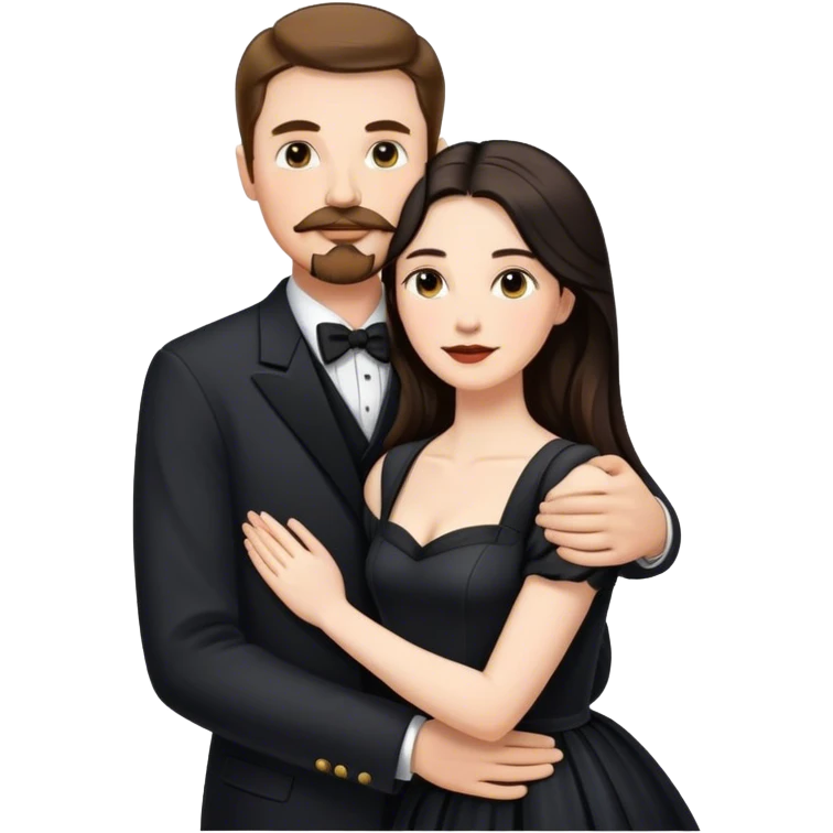 married couple portrait, tall white man with brown hair goatee mustache embracing a pale woman with long black hair, wearing formal clothing emoji