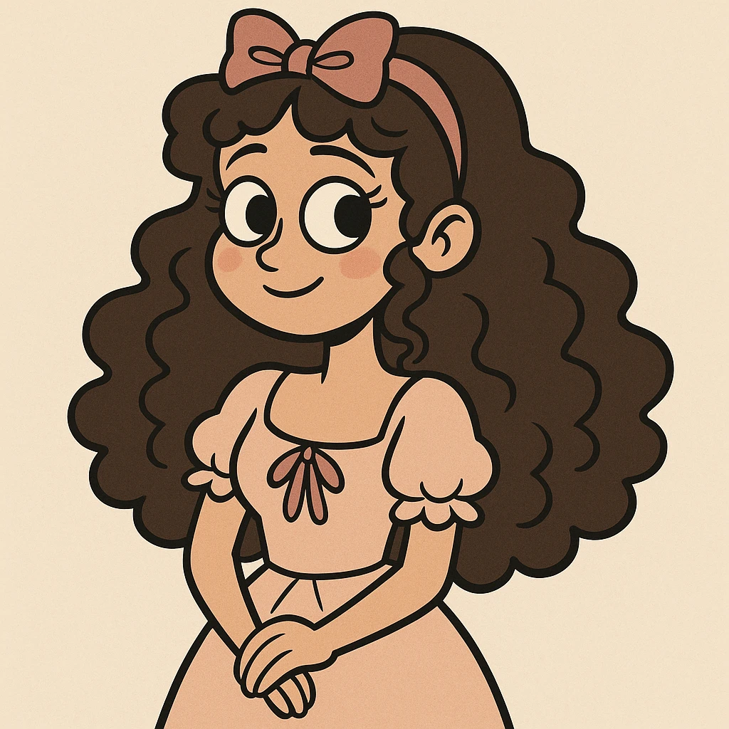a girl with curly long dark brown hair, brown eyes, coquette style, cartoon style emoji