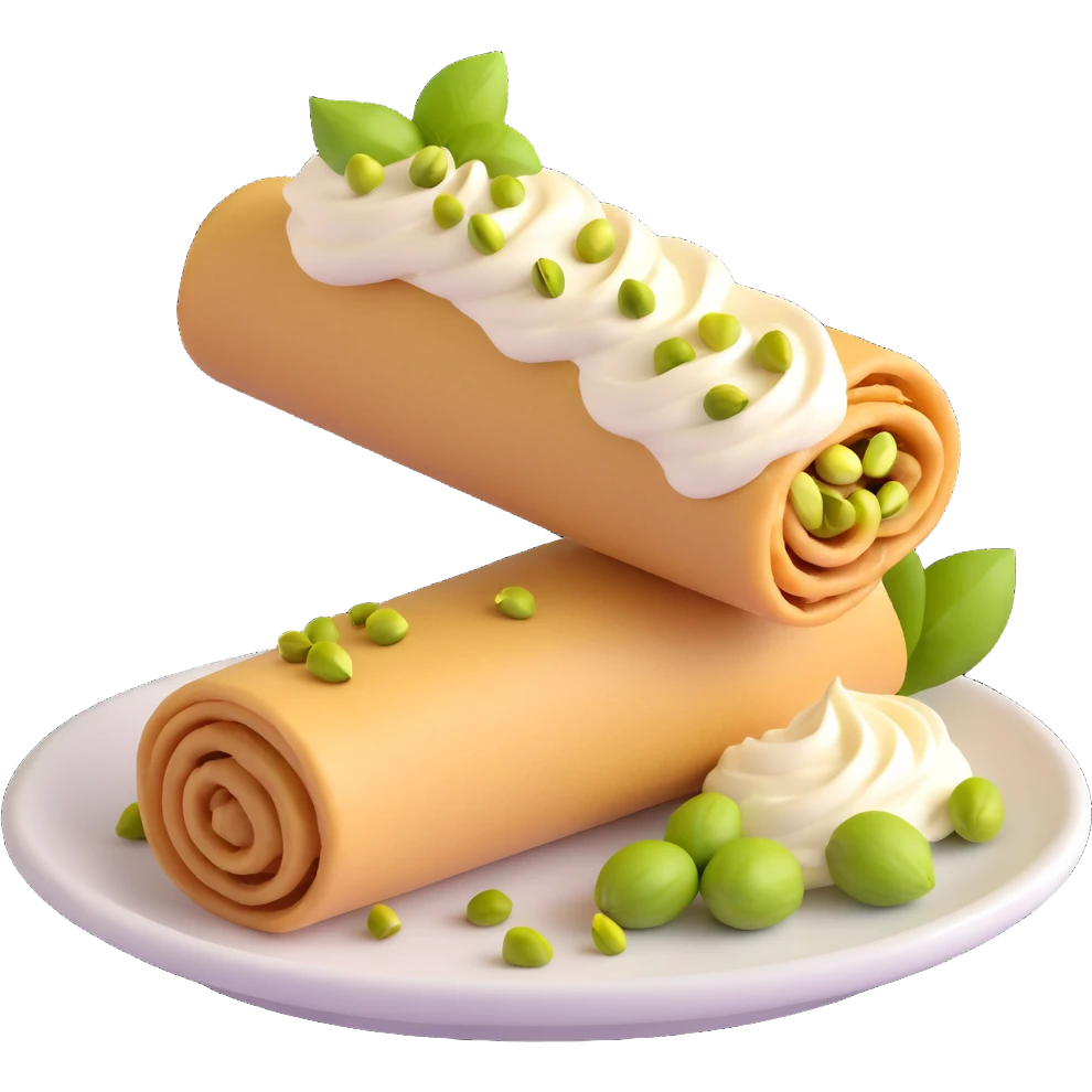 cute Halawet el Jibn rolled cheese dessert with cream and pistachios, stylized and appetizing emoji emoji