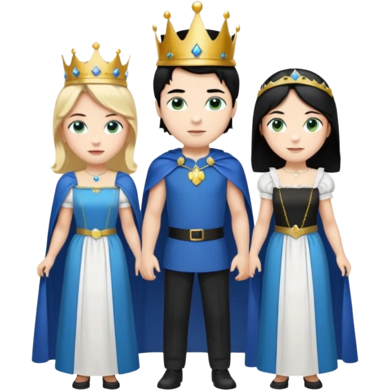 Prince with crown, blue cape and trousers, body and legs, black hair, blue eyes and maid, blonde hair, green eyes, sexy white short sleveless dress,  emoji