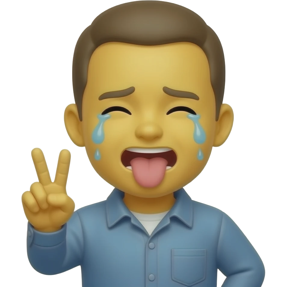 yellow round emoji crying with tongue and peace sign emoji