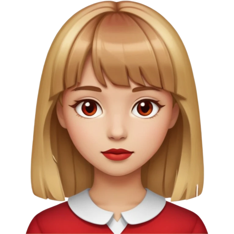 girl with light brown hair with lots of blonde highlights and bangs and a red face emoji