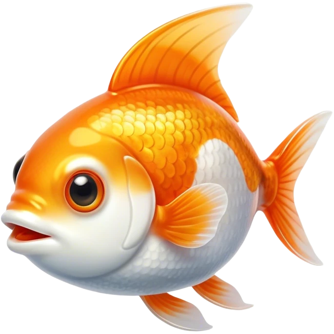 Cinematic Cute Orange and White Goldfish Portrait Emoji, Head tilted playfully and inquisitively, featuring a glossy, vibrant body adorned with a striking mix of orange and white, round, sparkling golden eyes filled with curiosity, Simplified yet irresistibly adorable features, highly detailed, glowing with a warm, friendly glow, high shine, affectionate and lively, stylized with a touch of whimsy, bright and endearing, soft glowing outline, capturing the essence of a mischievous yet loving goldfish, so playful it feels like it could swim out of the screen and into your heart! emoji