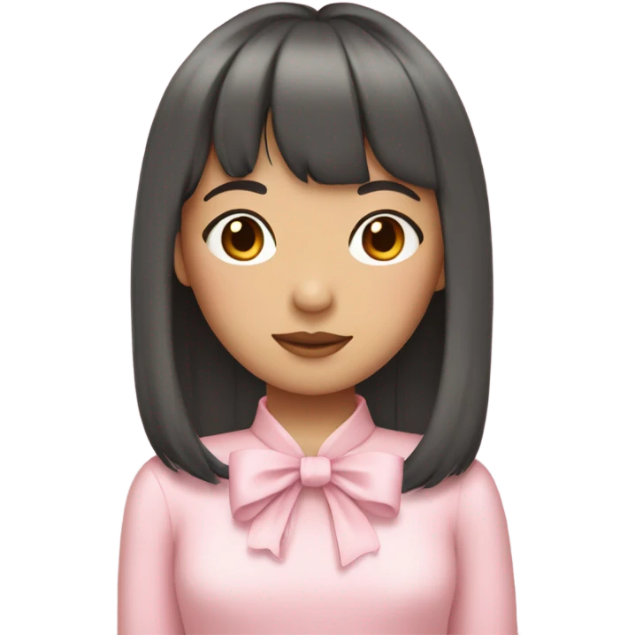 an asian girl with curtain bangs wearing cute light pink clothes and coquette ribbons emoji