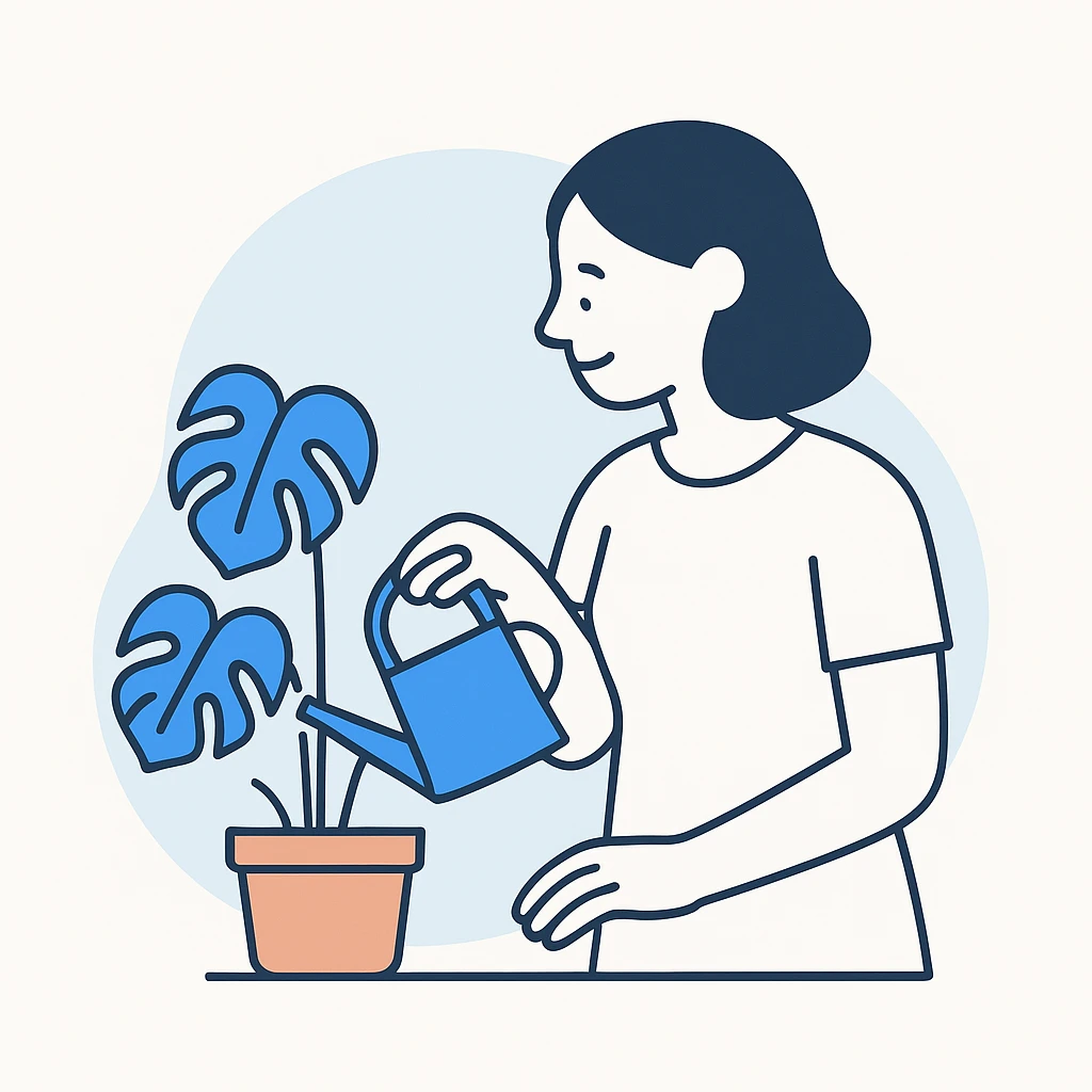 woman watering her monstera plant emoji