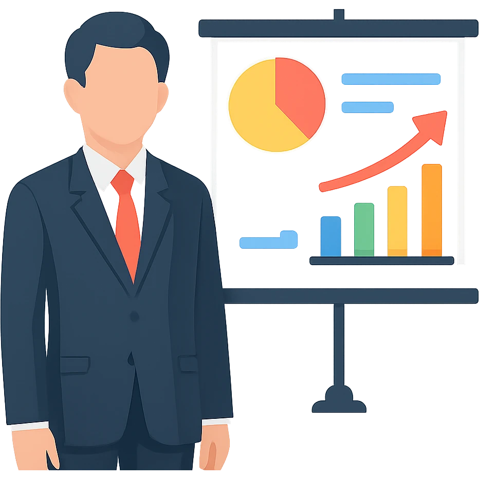 professional person standing next to projector screen showing data, office presentation emoji