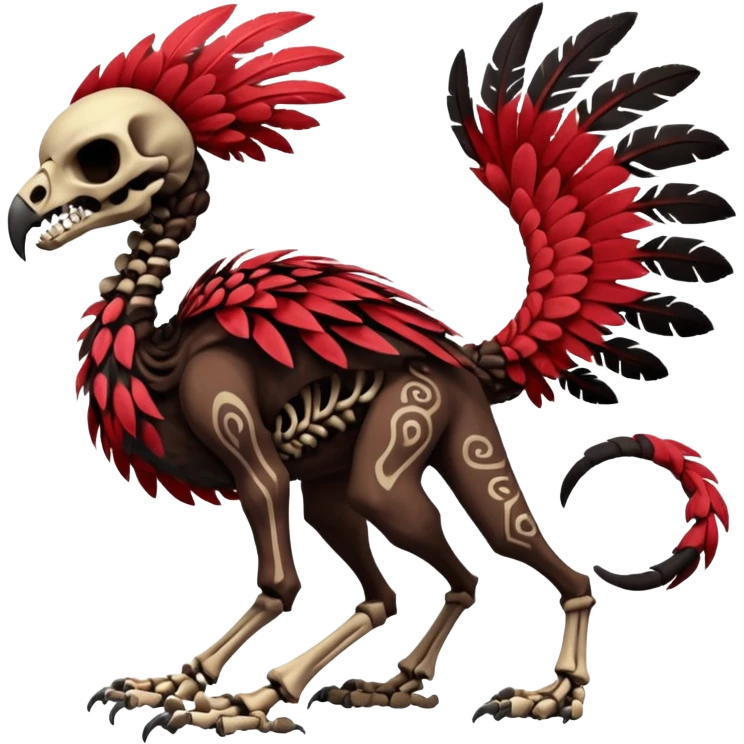 Rare realistic dark edgy evil tribal patterned red-feathered skeletal badass epic handsome gorgeous aesthetic colorful vibrant black-skulled Vernid-Trico-species-Fakemon-creature by LiLaiRa, 4 legs, 1 tail, random markings, (full body) emoji