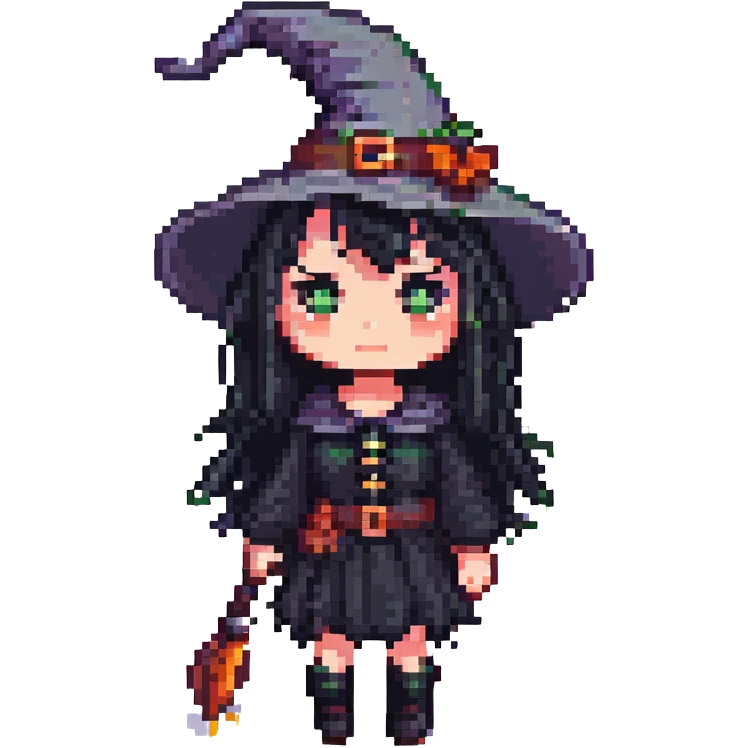 A cute witch with black hair and black eyes, pixel art style, facing left. emoji
