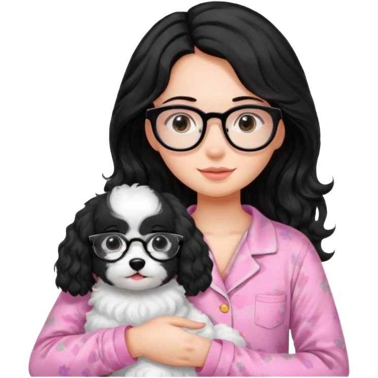 long wavy black haired girl wearing black framed glasses in a pink pjs while holding her fluffy white dog emoji