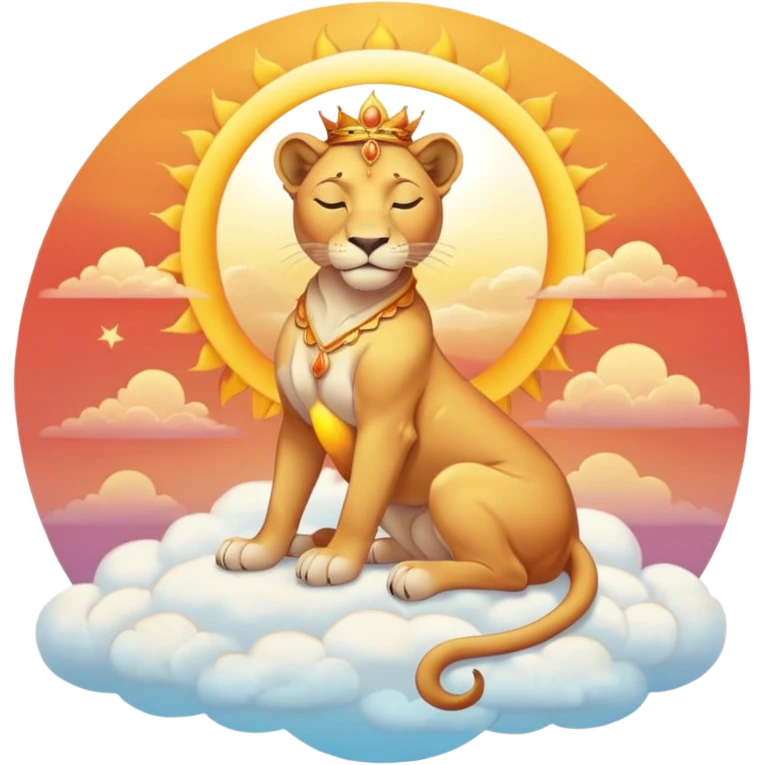 Sun-kissed Sunset-Gradient Celestial Flaring Warm Hot Feminine Beautiful Elegant Pretty Sun-Goddess-Lioness with closed relaxed eyes and symmetry and sitting on a cloud pastel divine dress beauty   emoji