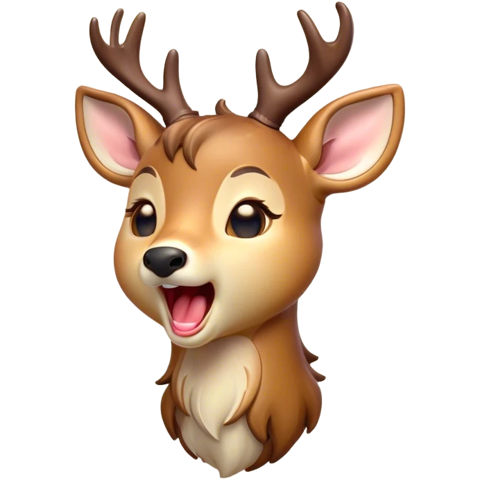 Cinematic Cute Yawning Deer Portrait Emoji, Head tilted slightly with a dramatic, wide-open yawn, revealing a soft, dappled coat and elegantly drooping ears, eyes barely open in drowsy contentment, Simplified yet irresistibly adorable features, highly detailed, glowing with a soft, cozy glow, high shine, relaxed yet expressive, stylized with a touch of natural whimsy, bright and endearing, soft glowing outline, capturing the essence of a sleepy yet affectionate deer, so drowsy it feels like it could stretch right out of the screen and curl up for a nap! emoji