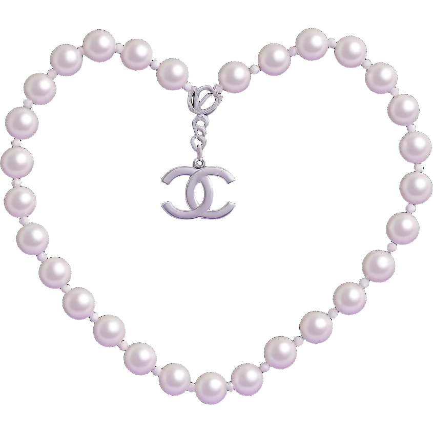 Add a string of pearls around the heart, keep the silver Chanel logo, elegant, glossy, black and white, 3D emoji style, with no background emoji